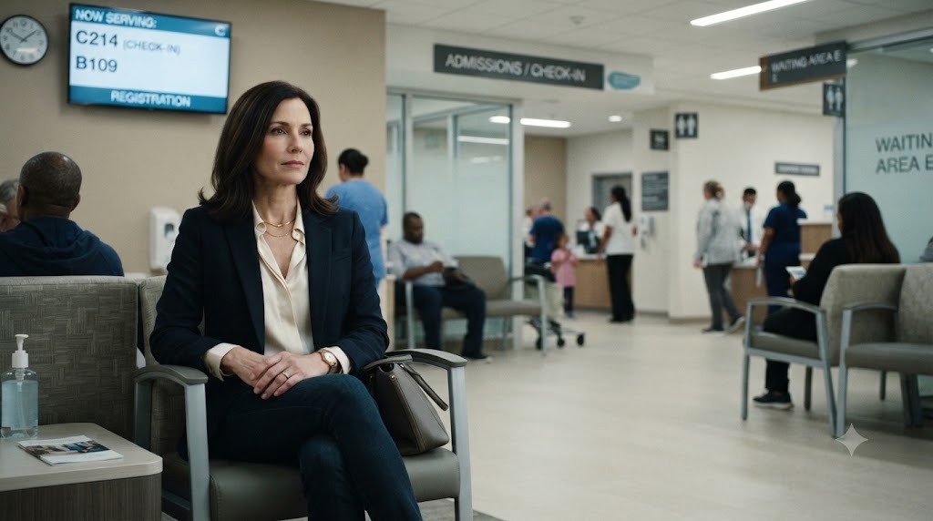 Femme élégante, 40 ans, en tenue casual chic, assise dans une salle d'attente d'hôpital moderne aux États-Unis. Lumière froide au néon. Expression préoccupée mais composée. Style photojournalisme sobre, pas dramatique. Format paysage, espace pour texte à droite.
