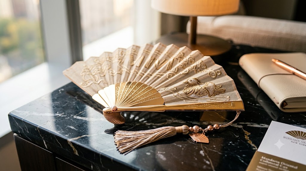 Détail rapproché d'un éventail signature Vivienne Tam posé sur un bureau en marbre noir dans une chambre d'hôtel, lumière naturelle latérale douce, palette beige et or rosé.