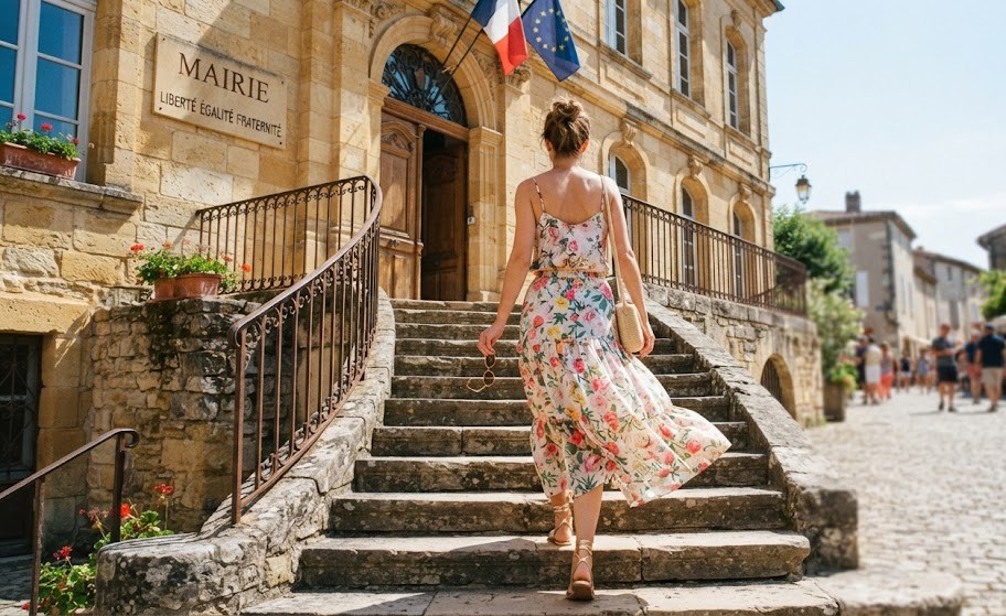 Ensemble coordonné imprimé fleuri pour un mariage civil