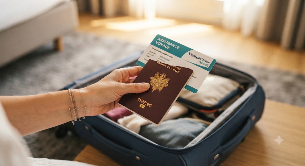 Gros plan sur une main féminine tenant une carte d'assurance voyage et un passeport, posés sur une valise ouverte. Lumière naturelle dorée, fond neutre. Ambiance départ imminent. Style photo lifestyle magazine, net sur les documents.