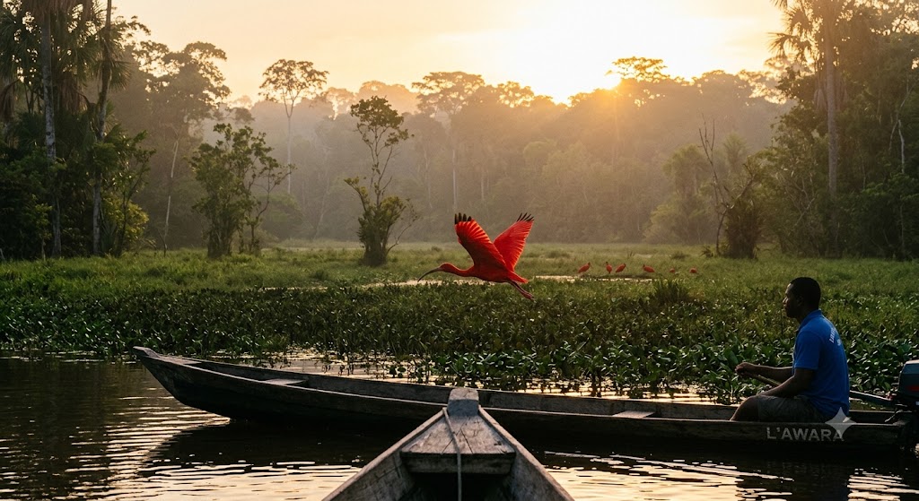 Pirogue en bois sur eau noire des marais de Kaw au lever du soleil, brume légère, canopée en arrière-plan, lumière chaude rasante, style photo voyage authentique, cadrage horizontal, ambiance contemplative.