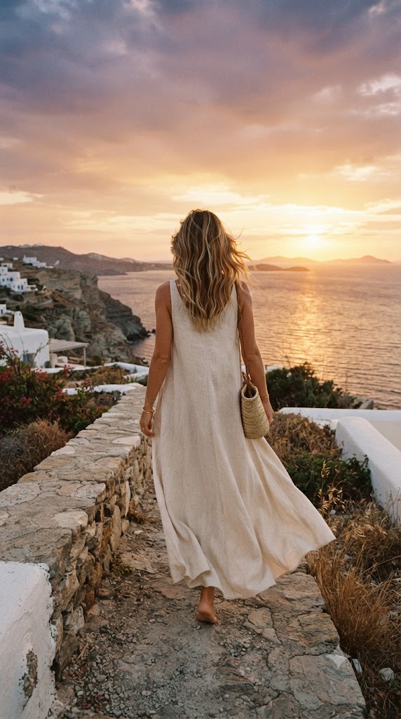 Robe de vacances fluide portée au coucher du soleil en bord de mer