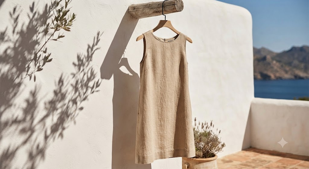 Robe de vacances en lin lavé suspendue sur une terrasse ensoleillée