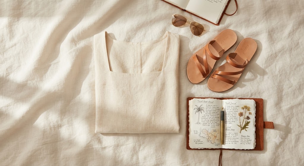 Robe de vacances à petit prix en flat lay avec sandales et lunettes aviateur