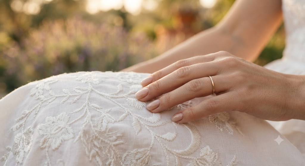 Détail de broderie artisanale sur une robe de vacances haut de gamme