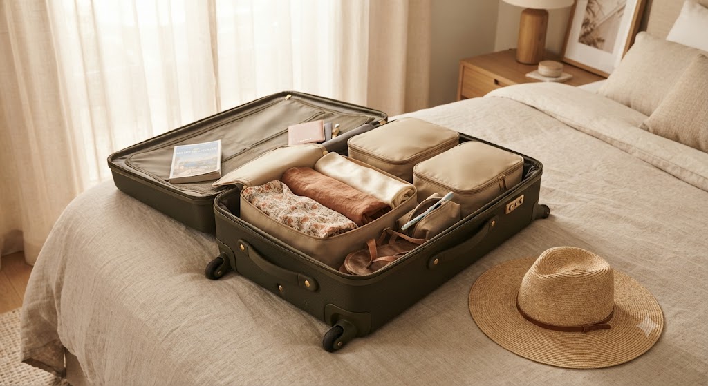 Robe de vacances roulée dans un organisateur de valise ouvertbe6