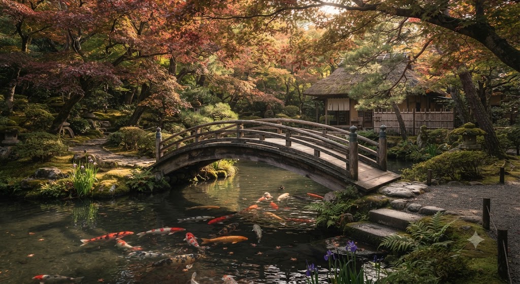  jardin de thé japonais, pont en bois arrondi, érables et bassin avec carpes koï, lumière filtrée à travers le feuillage, atmosphère calme et silencieuse