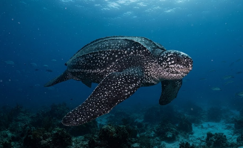 Photographie sous-marine en lumière naturelle d'une tortue luth adulte nageant dans l'Atlantique. Carapace noire avec crêtes longitudinales visibles, silhouette imposante. Style reportage scientifique.