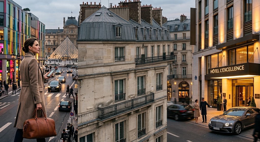 Concierge en uniforme accueillant une cliente dans le hall d'un hôtel de luxe