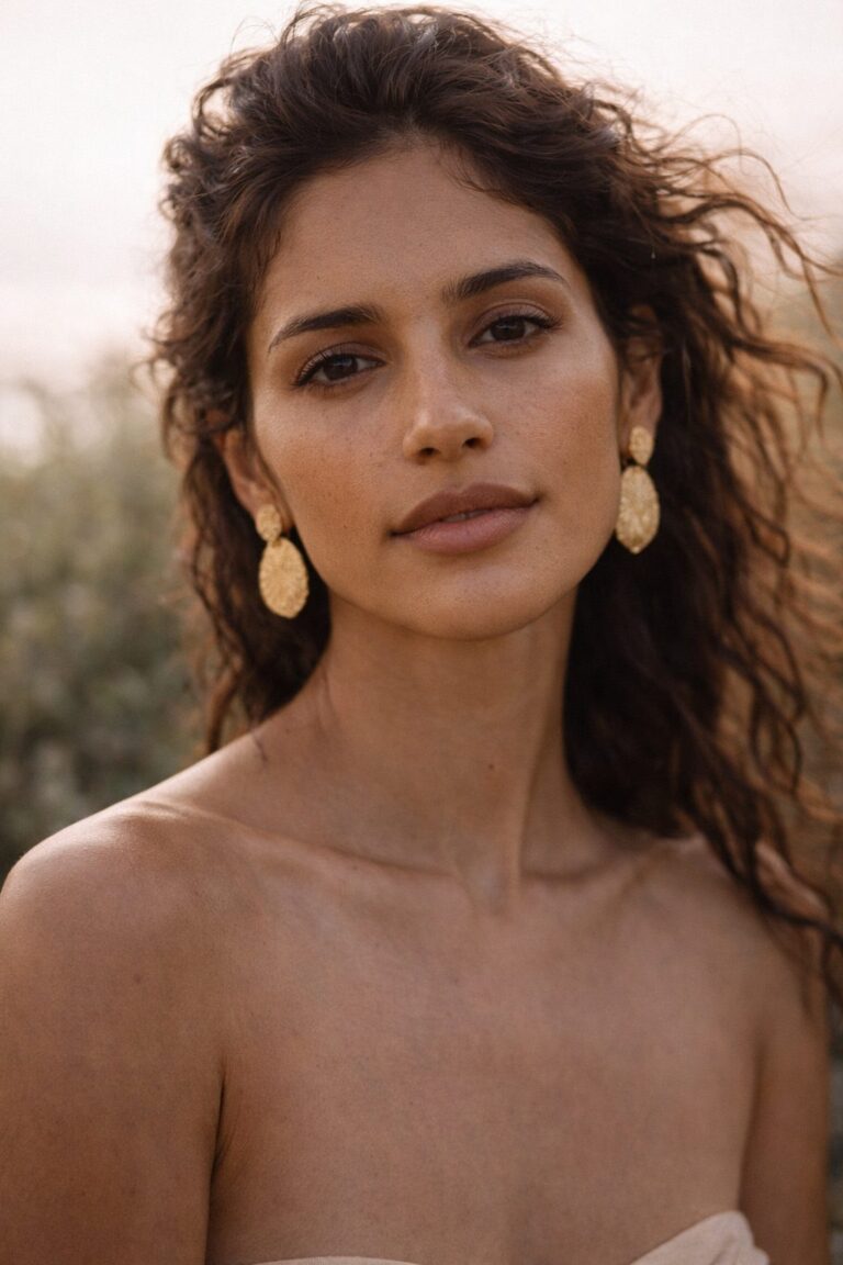Visage au teint nu et boucles d'oreilles dorées, beauté du printemps 2026