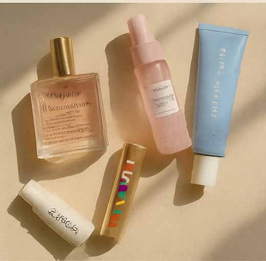 Flacons de soins et trousse de beauté posés sur un drap de lin