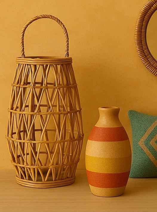 Lanterne en rotin, vase rayé et coussins tissés d'un intérieur d'été