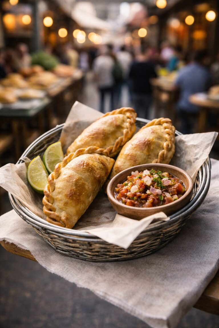 Panier d'empanadas dorées et sauce piquante sur un étal de marché