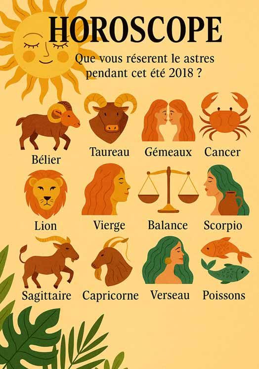 Planche de l'horoscope voyage de l'été, une carte par signe
