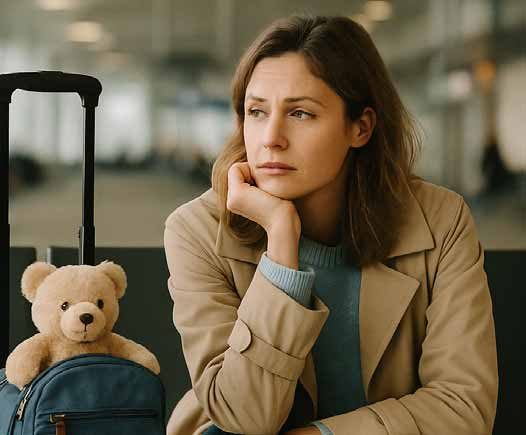 Valise ouverte et doudou posé sur un lit avant le départ