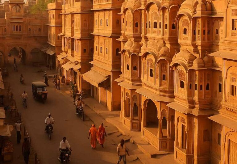 Palais du Rajasthan émergeant de la brume au lever du jour