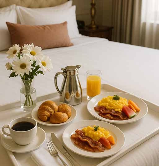 Plateau de room-service posé sur un lit d'hôtel au petit matin