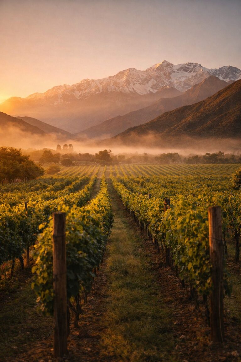 Vignoble chilien au lever du soleil, cordillère des Andes en arrière-plan