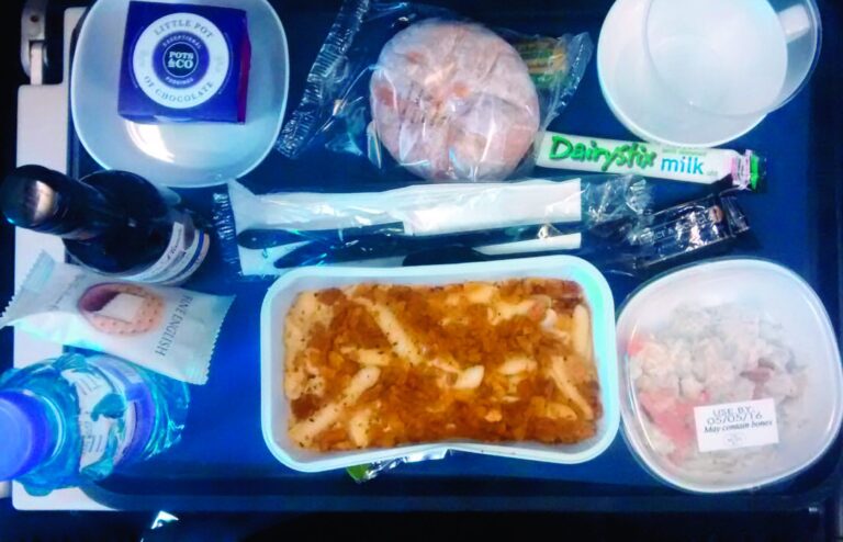Plateau repas servi en cabine : plat chaud, pain et boissons