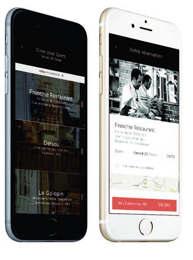 Deux smartphones affichant une application de réservation de restaurant